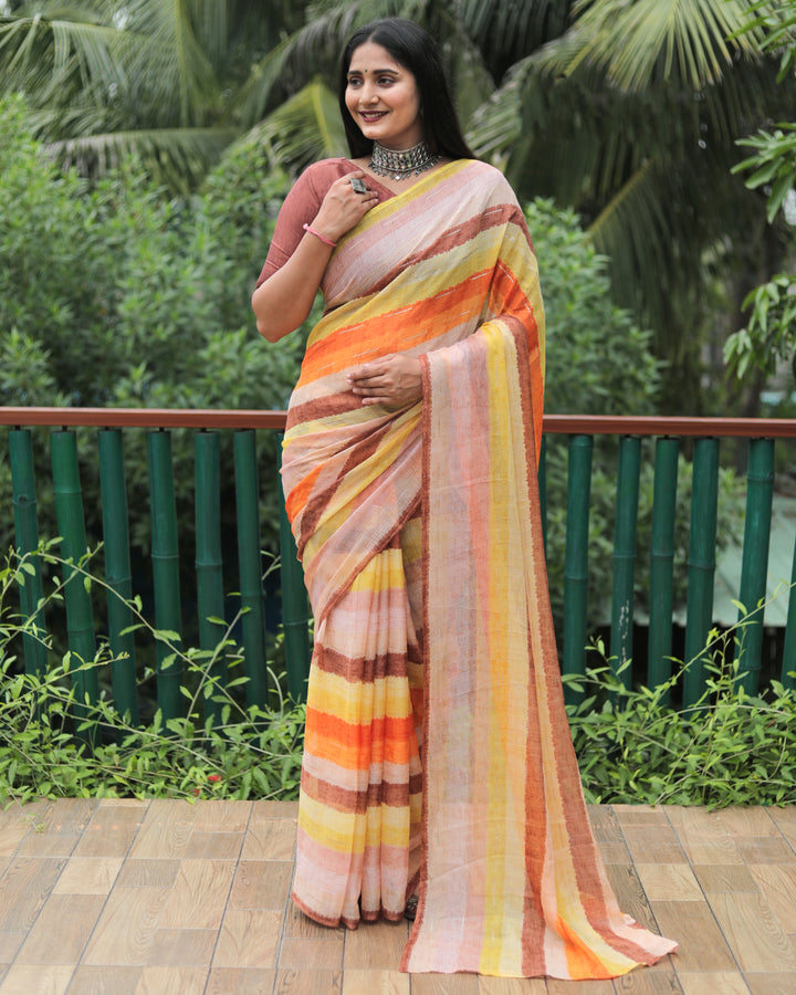 This multicolor Moss chiffon saree features a vibrant blend of hues with gold foil accents, ideal for adding sparkle to your festive wardrobe.