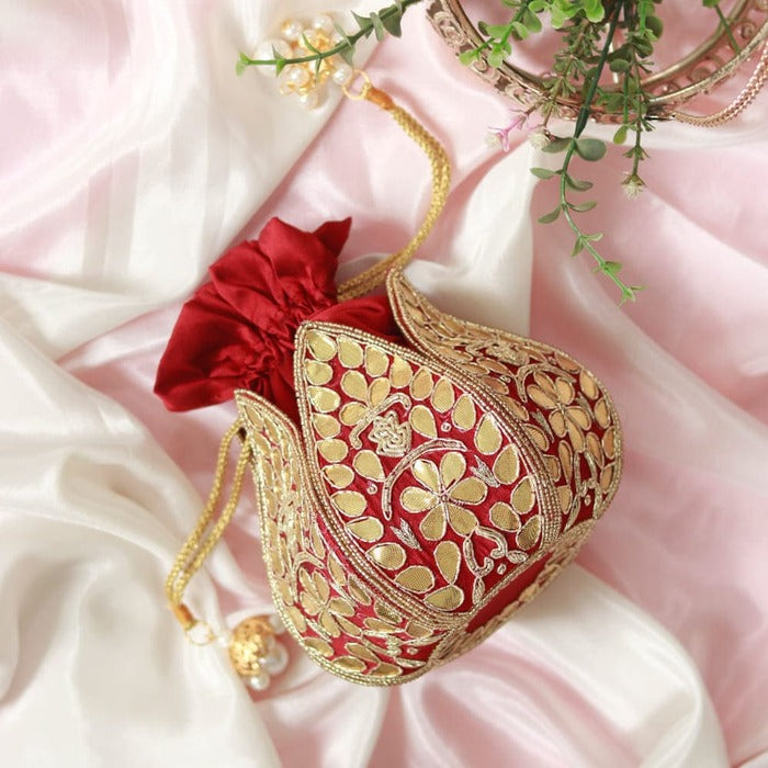 Mrig Gota Patti Handwork Mini Lotus Potli | Elegant Handcrafted Potli Bag