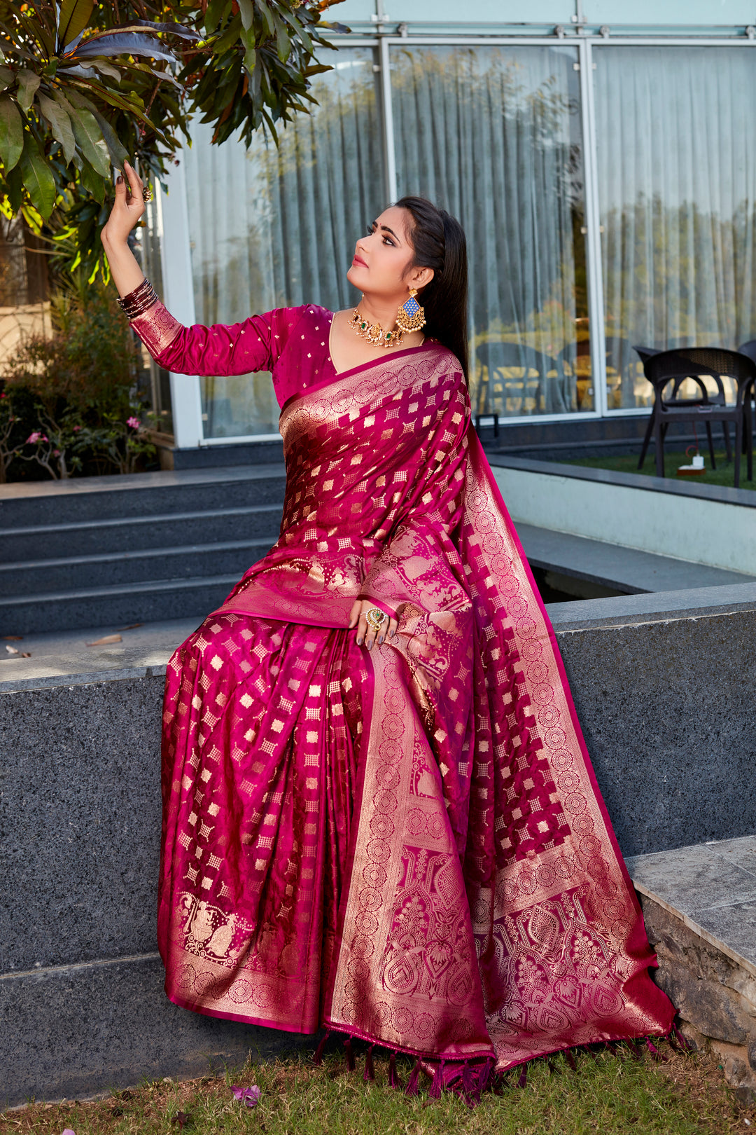 Elegant Wine Satin Silk Saree with dual weave and beautiful pallu, perfect for traditional weddings.