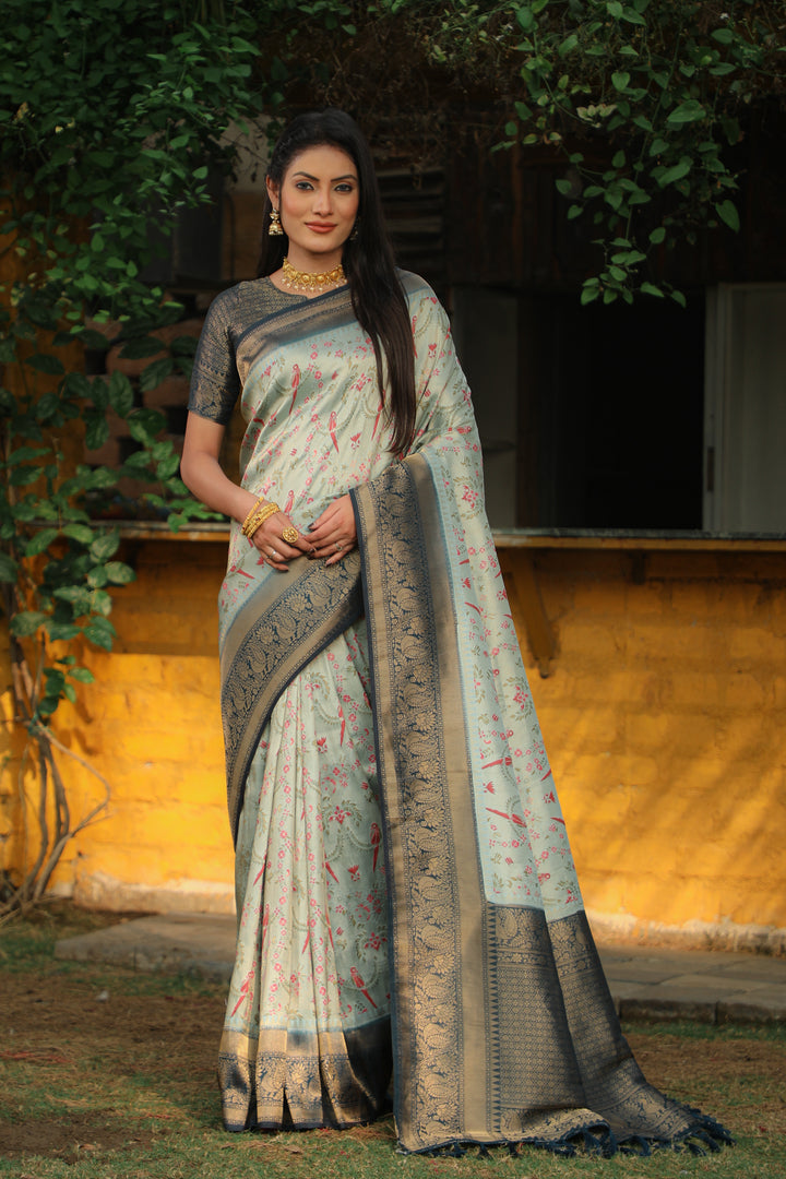 Fancy Grey Indian sadi, crafted from pure Kanjivaram silk, perfect for weddings and festive celebrations.