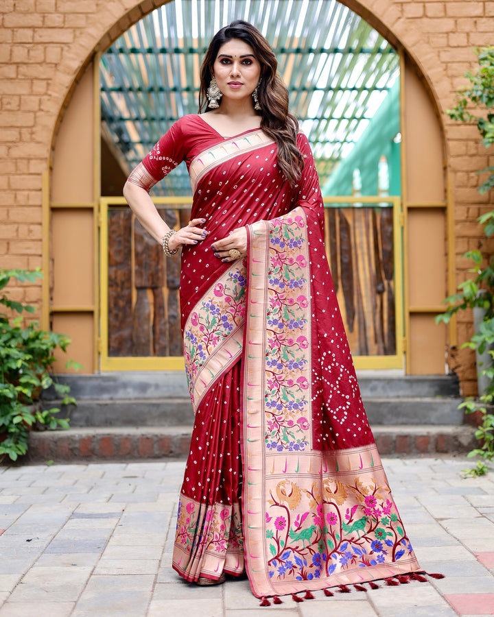 Maroon Bandhej Paithani silk saree with stunning zari details, paired with a Paithani pallu and matching tassels for added charm.