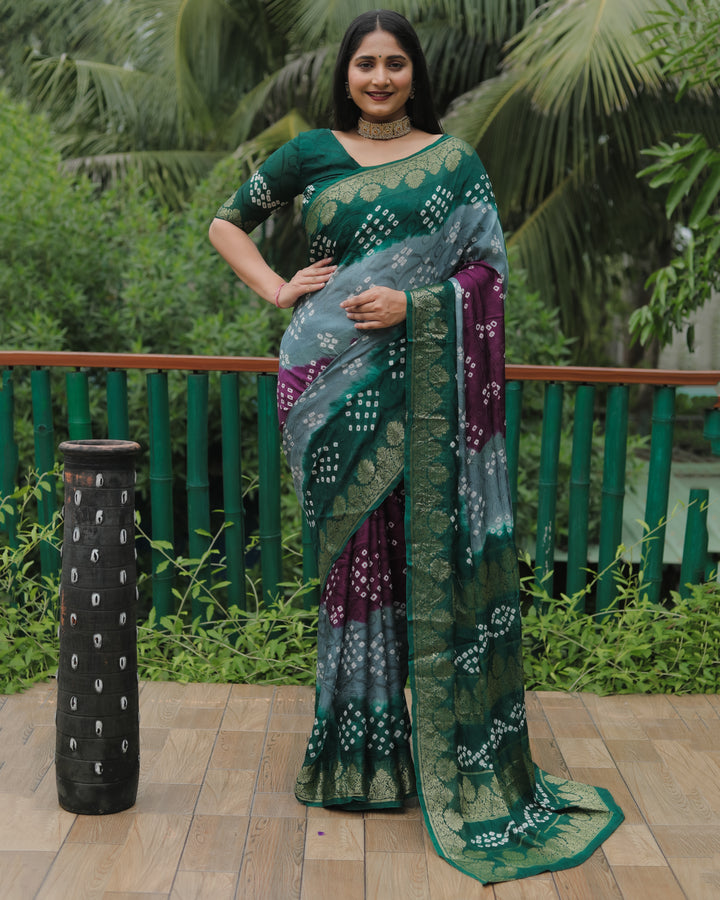 Purple Pure Bandhej Silk Saree with a stunning zari border and intricately woven pallu for weddings.