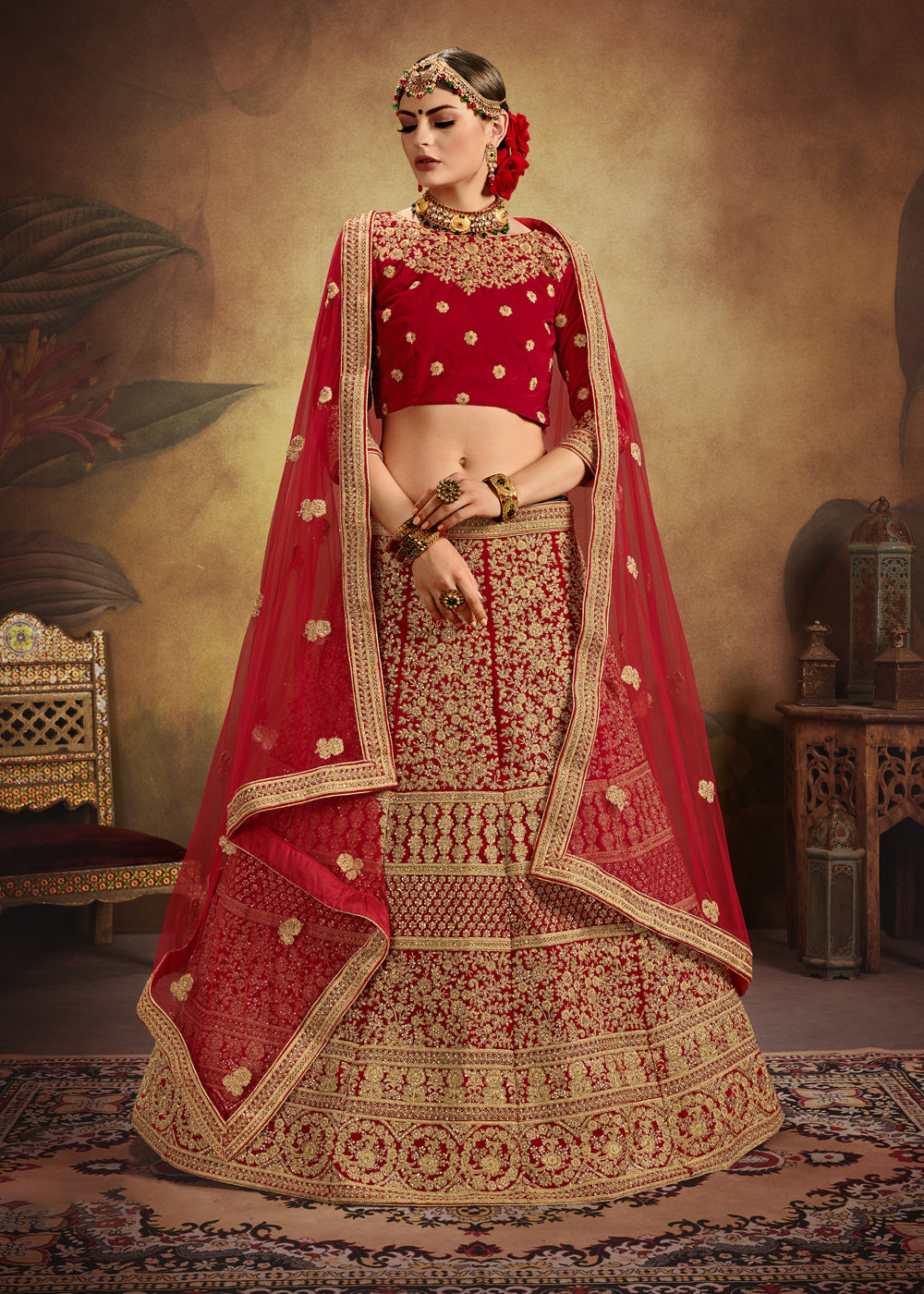 Red Velvet Lehenga Choli | Bridal Wedding Lehenga for Women