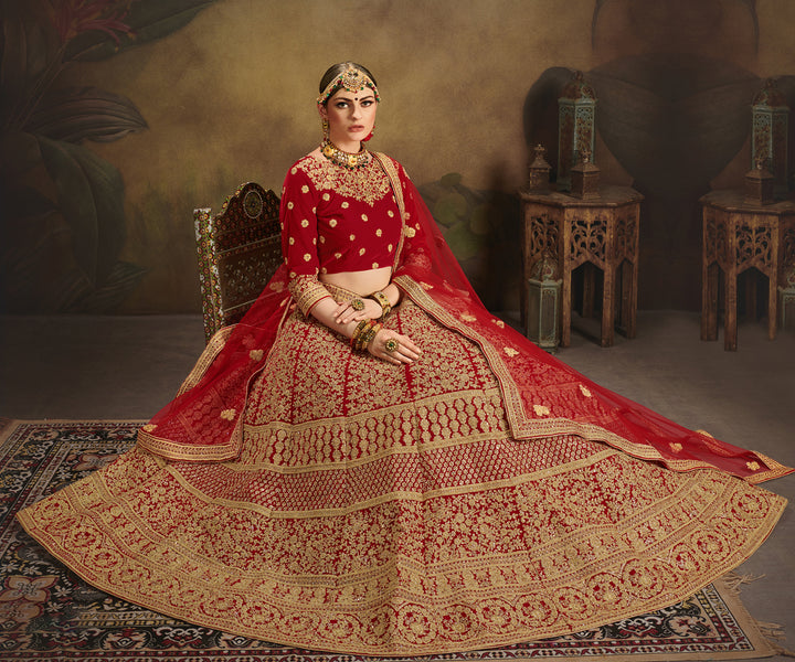 Red Velvet Lehenga Choli | Bridal Wedding Lehenga for Women