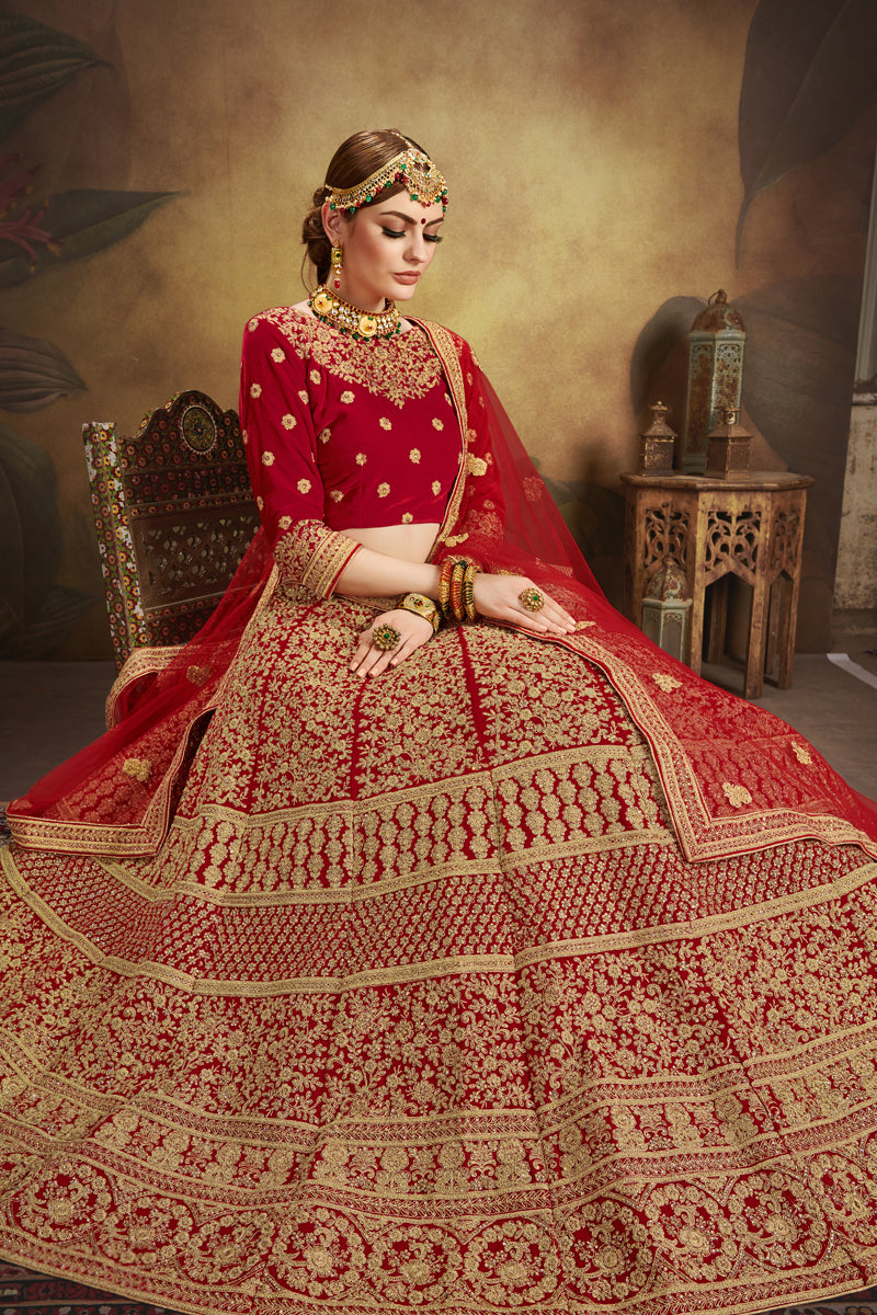 Red Velvet Lehenga Choli | Bridal Wedding Lehenga for Women