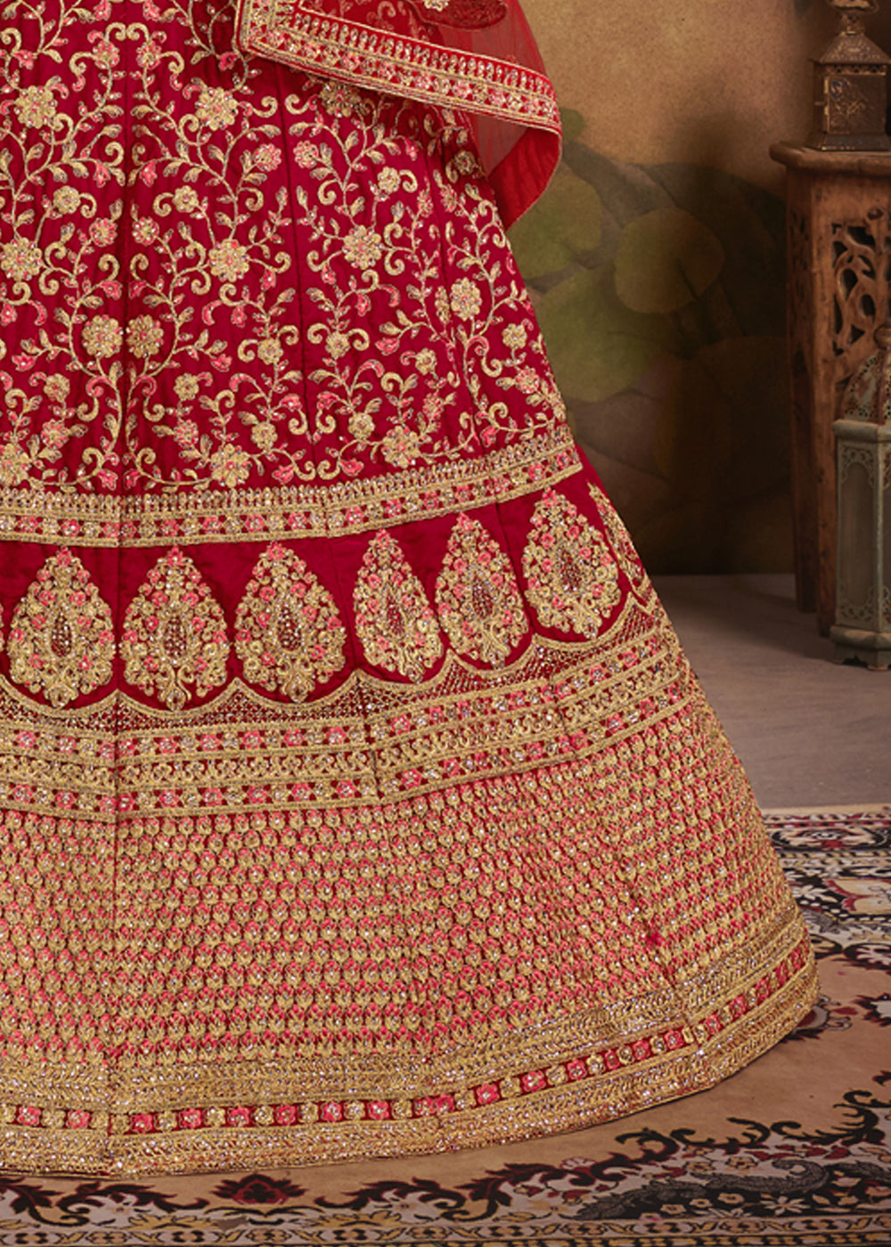 Red Velvet Lehenga Choli | Wedding Embroidered Lehenga for Women