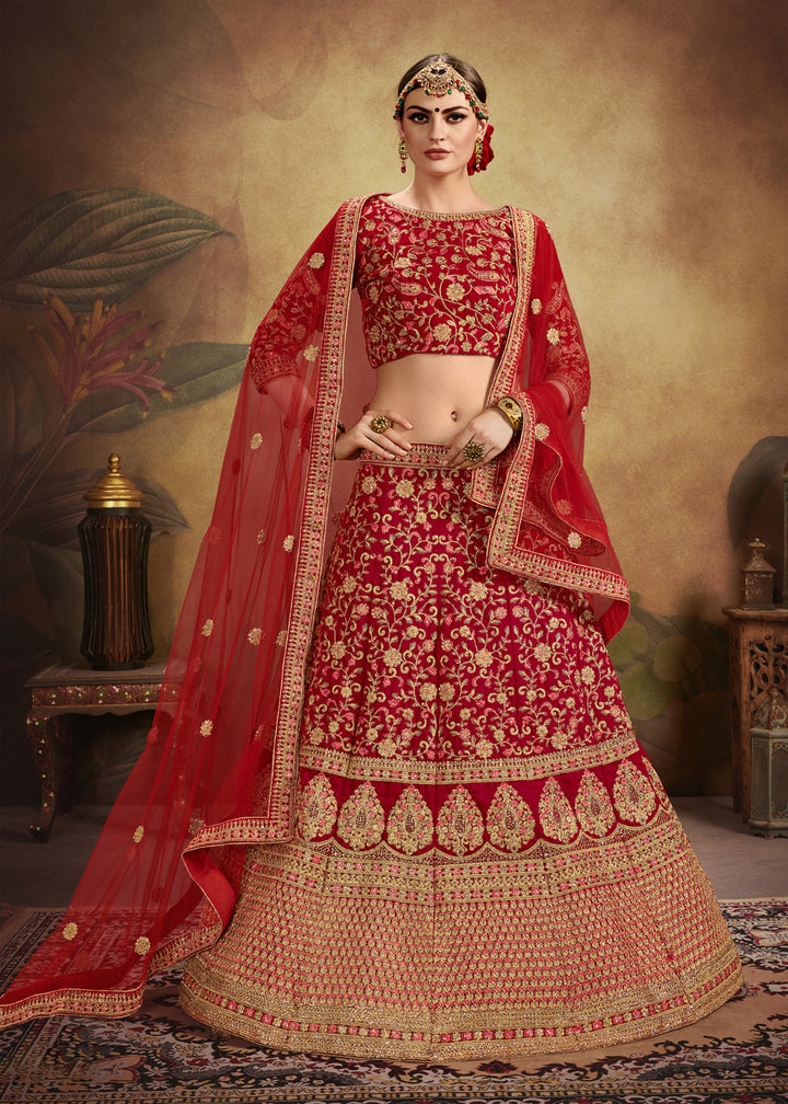 Red Velvet Lehenga Choli | Wedding Embroidered Lehenga for Women