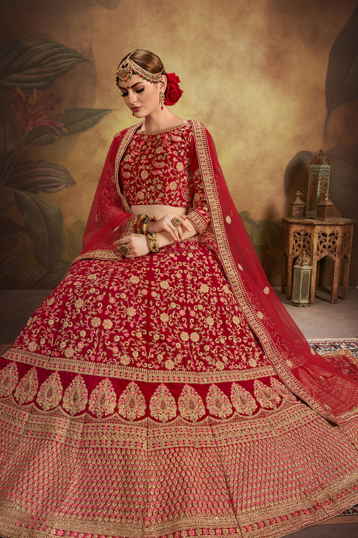 Red Velvet Lehenga Choli | Wedding Embroidered Lehenga for Women