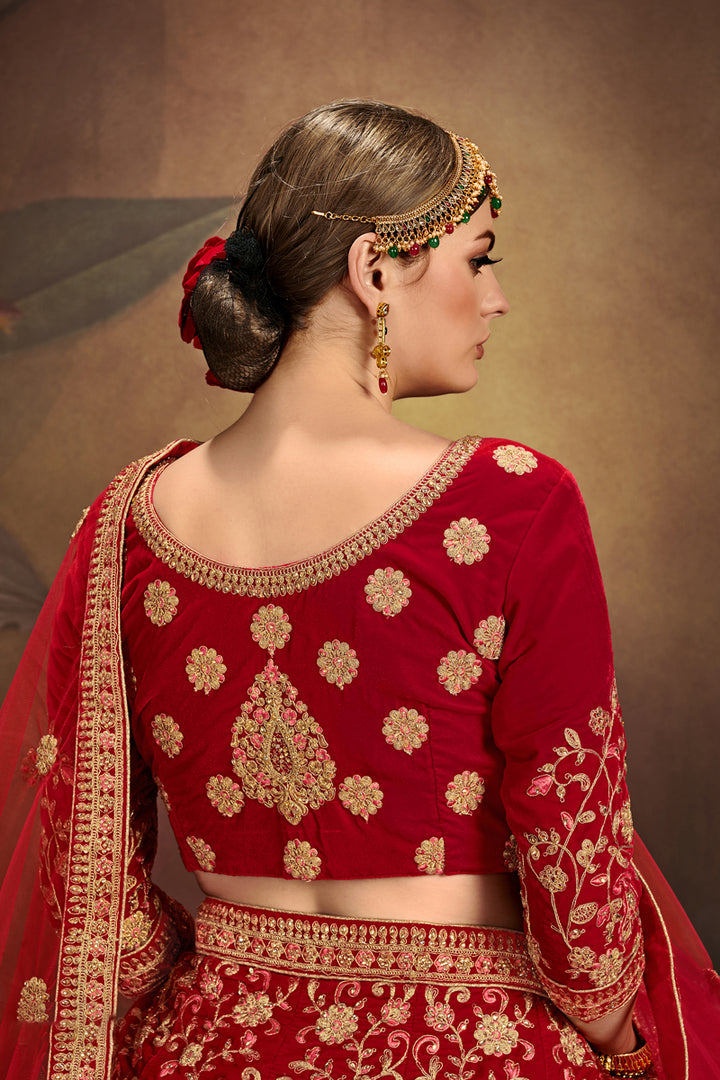 Red Velvet Lehenga Choli | Wedding Embroidered Lehenga for Women