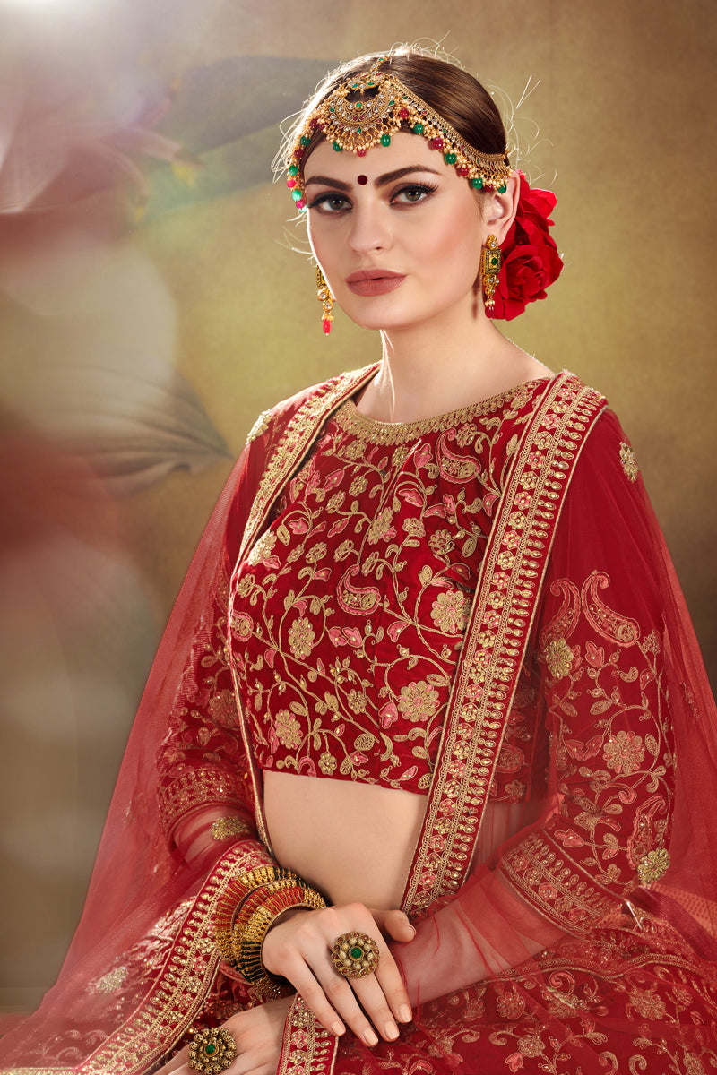 Red Velvet Lehenga Choli | Wedding Embroidered Lehenga for Women