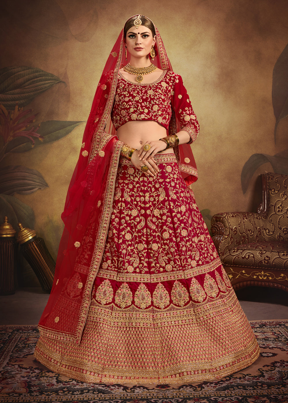 Red Velvet Lehenga Choli | Wedding Embroidered Lehenga for Women