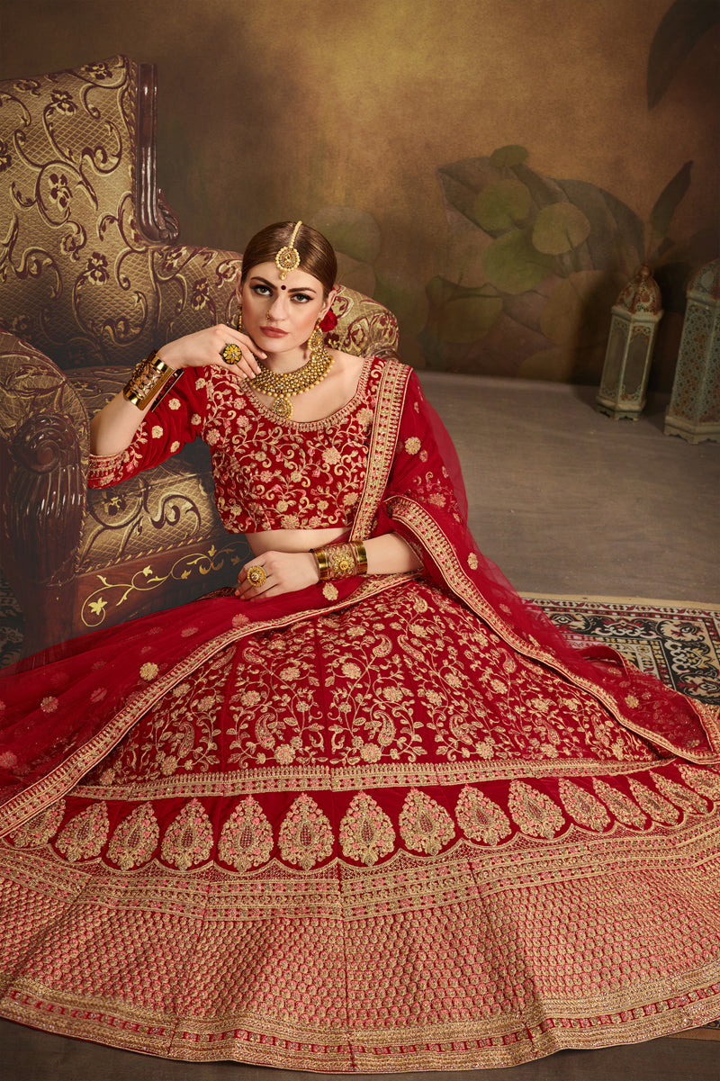 Red Velvet Lehenga Choli | Wedding Embroidered Lehenga for Women