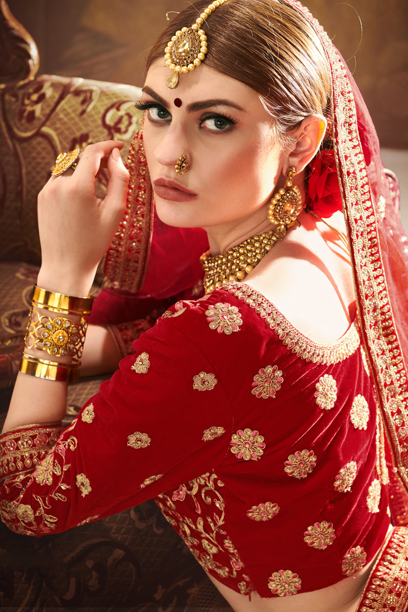 Red Velvet Lehenga Choli | Wedding Embroidered Lehenga for Women