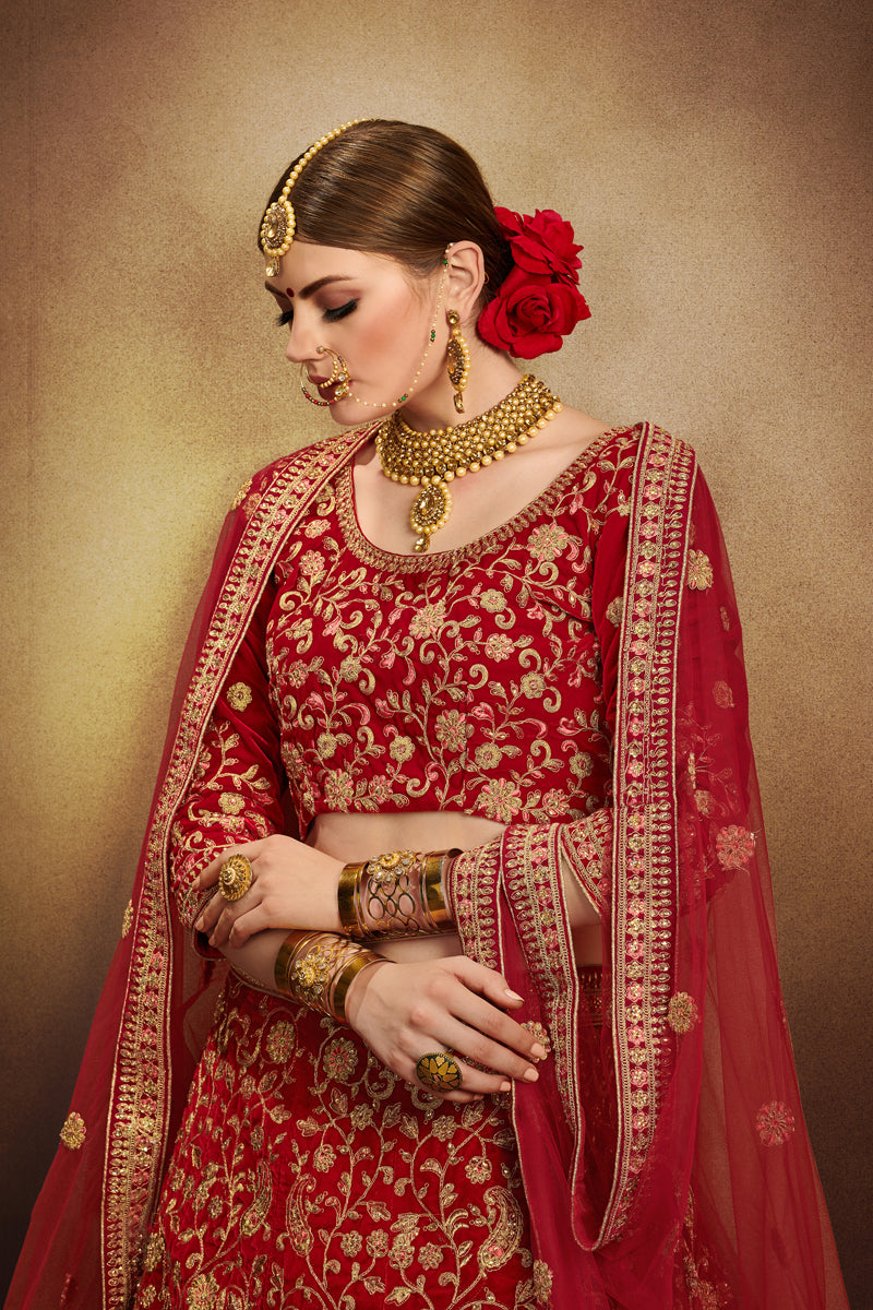 Red Velvet Lehenga Choli | Wedding Embroidered Lehenga for Women