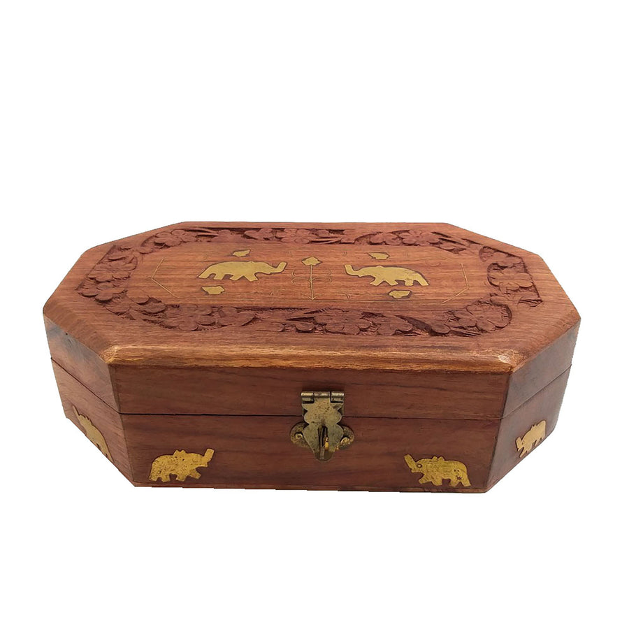 Stylish brown wooden jewelry box, ideal for storing personal accessories and treasures.