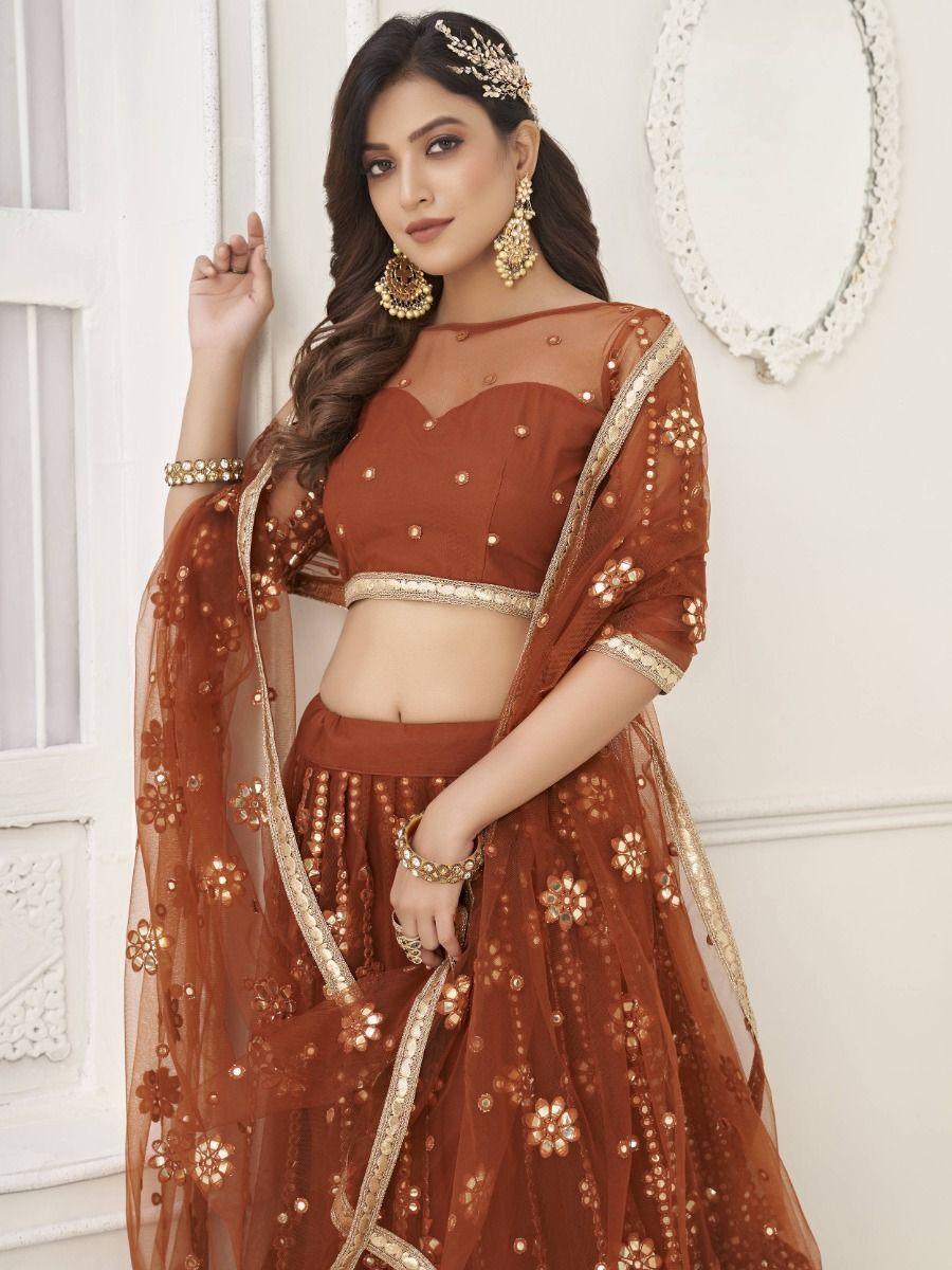 Glamorous Brown Mirror Work | Net Wedding Wear Lehenga Choli Collection