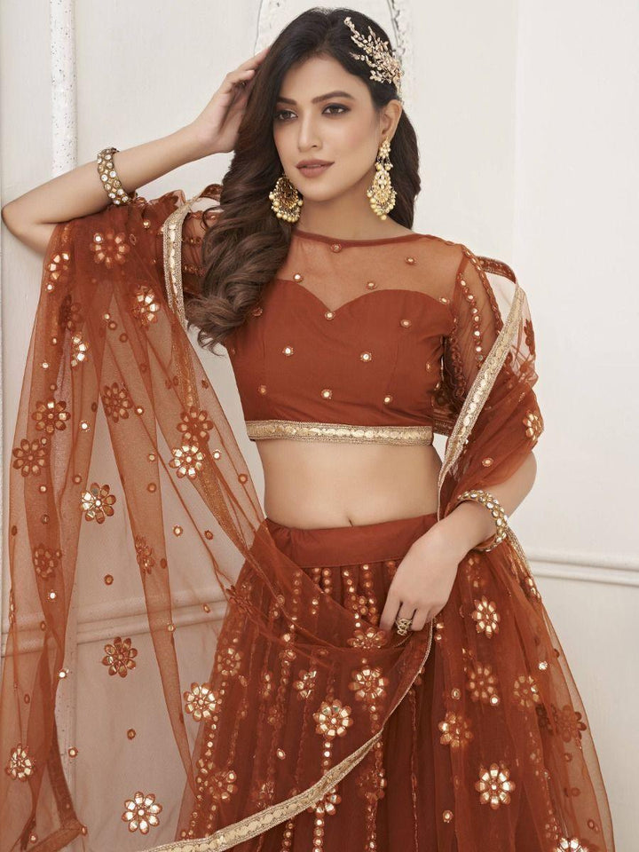 Glamorous Brown Mirror Work | Net Wedding Wear Lehenga Choli Collection