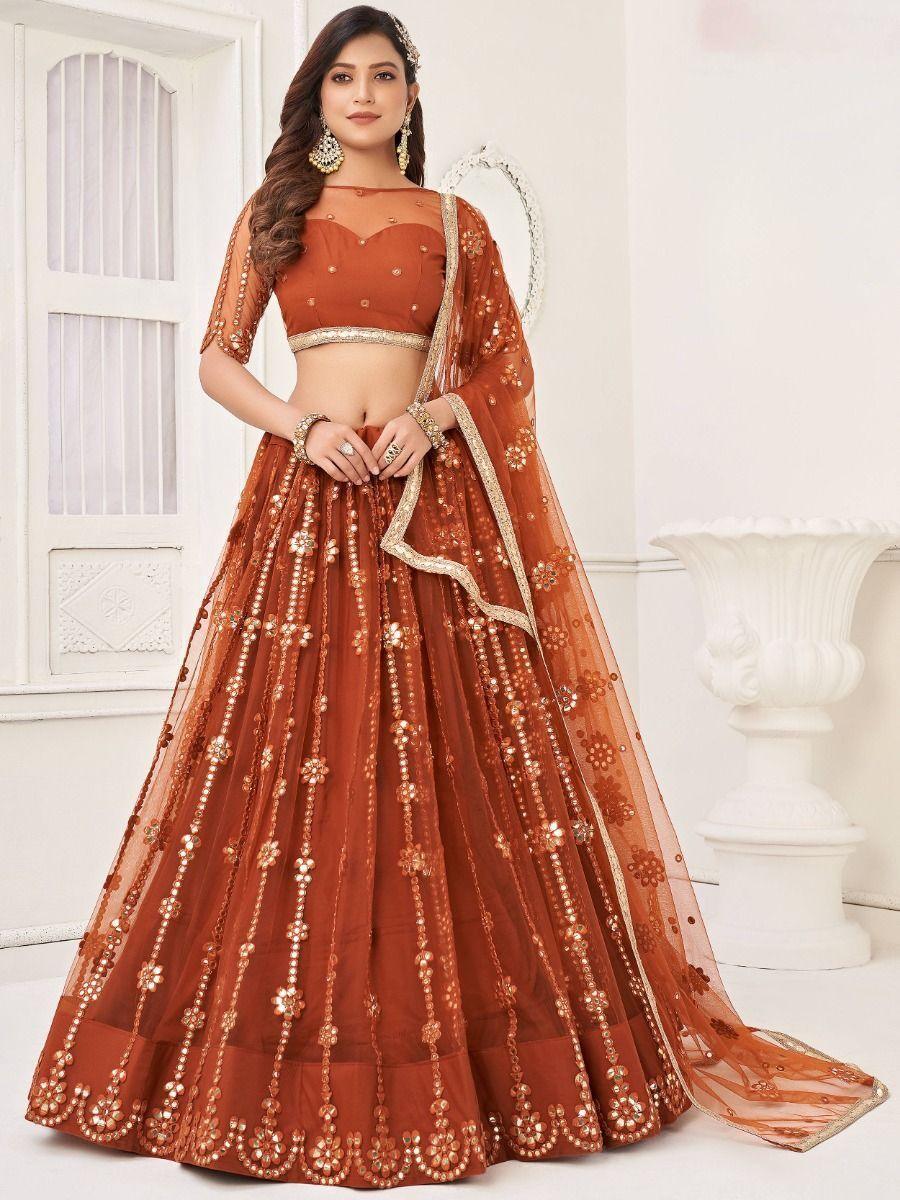 Glamorous Brown Mirror Work | Net Wedding Wear Lehenga Choli Collection