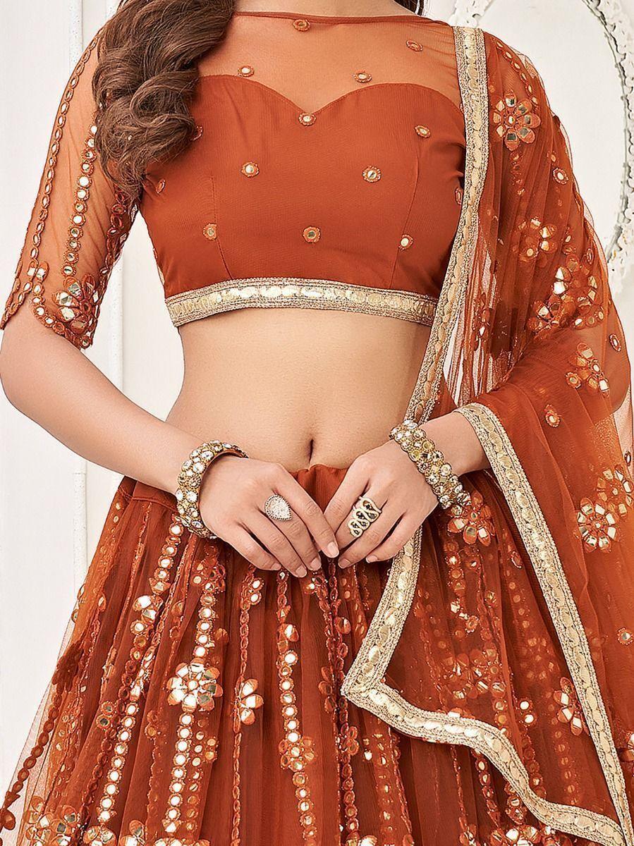 Glamorous Brown Mirror Work | Net Wedding Wear Lehenga Choli Collection