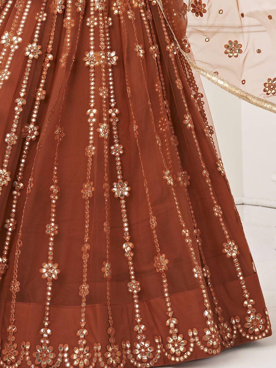 Glamorous Brown Mirror Work | Net Wedding Wear Lehenga Choli Collection