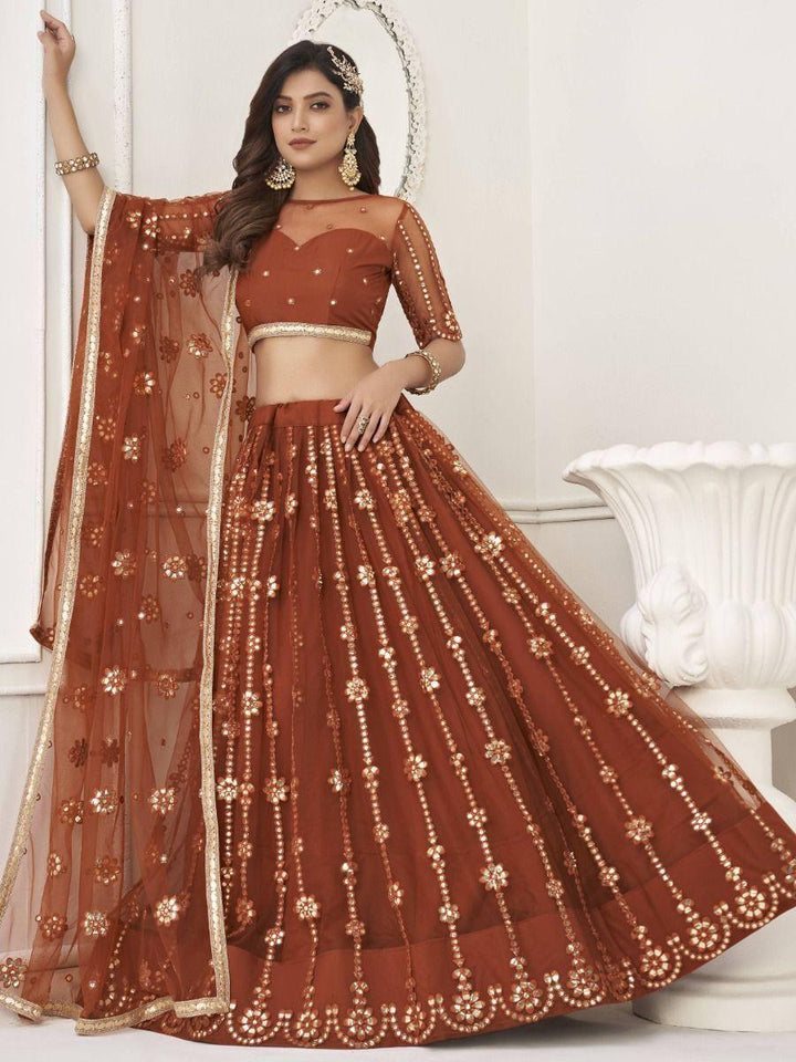 Glamorous Brown Mirror Work | Net Wedding Wear Lehenga Choli Collection