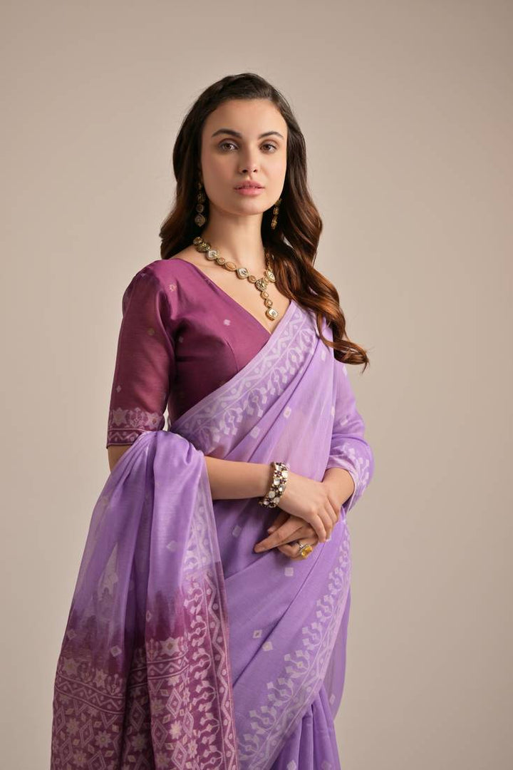 USA-focused Muga cotton saree with resham weaving butties and contrast blouse, ideal for weddings and special occasions