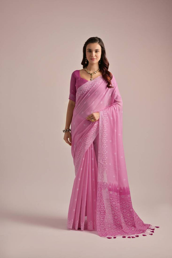 Traditional weaving border Muga cotton saree with vibrant resham pallu for festive American events