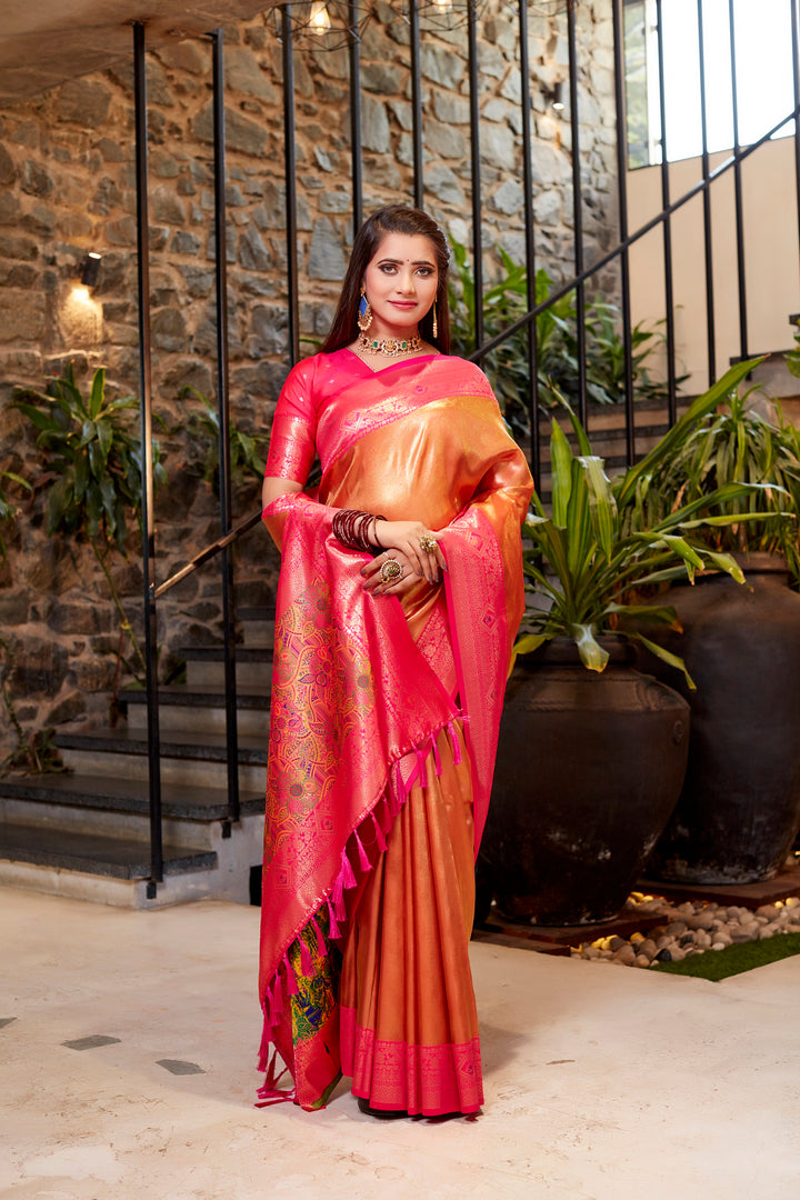 Olive Tissue silk saree with intricate weaving and stunning contrast border design.