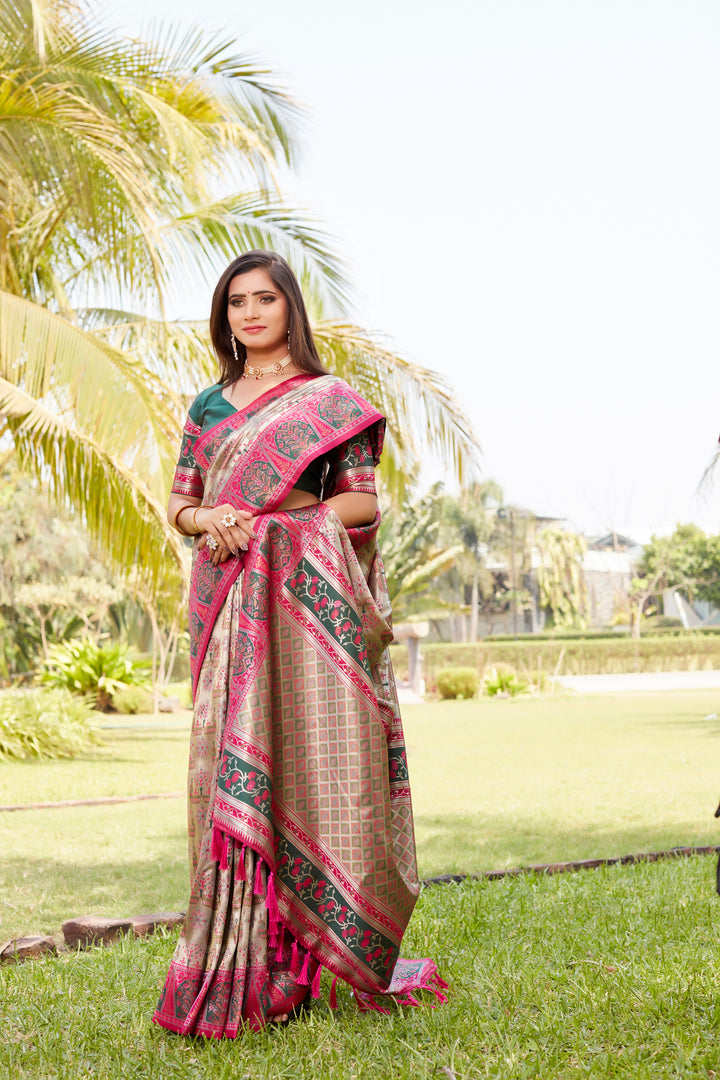 Traditional Rama Kanjivaram silk saree with beautiful woven borders and a rich pallu, perfect for cultural events.