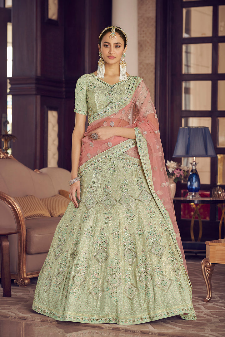 Designer Pista Green Lehenga | Sequins & Zarkan Festive Outfit