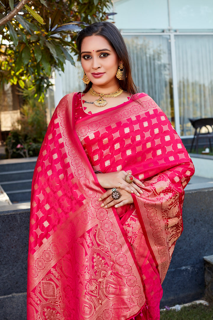 Pink Premium Satin Silk Wedding Saree with dual weave and elegant pallu, perfect for bridal wear.