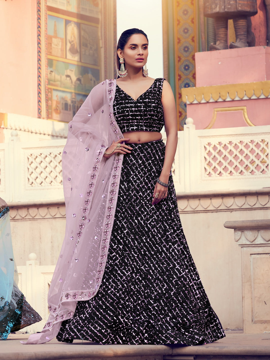 Elegant Wave-Pattern Lehenga Choli | Pink Dupatta Party Wear Ensemble