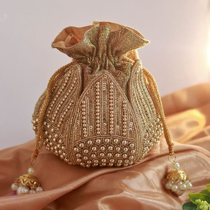 Hand Embroidered Mini Lotus Potli | Unique Pearl-Embellished Bag