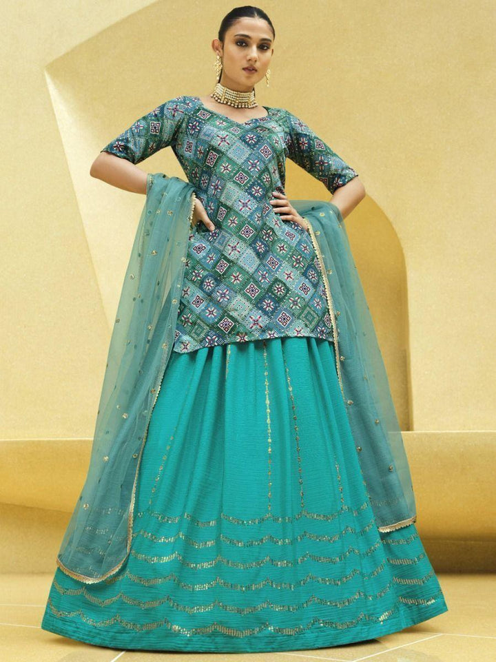 Modern Turquoise Lehenga | Chinon Silk with Print & Sequins Work