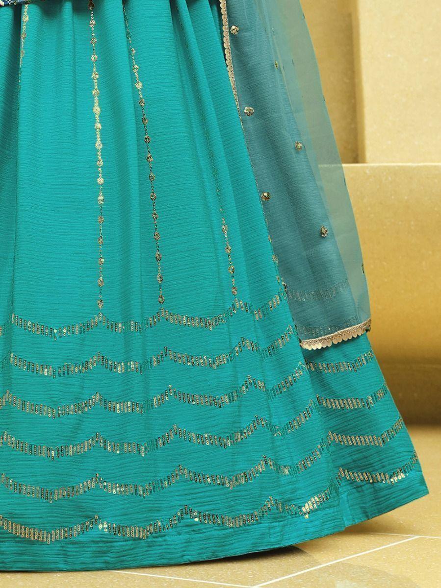 Modern Turquoise Lehenga | Chinon Silk with Print & Sequins Work