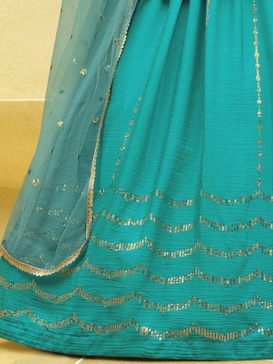 Modern Turquoise Lehenga | Chinon Silk with Print & Sequins Work