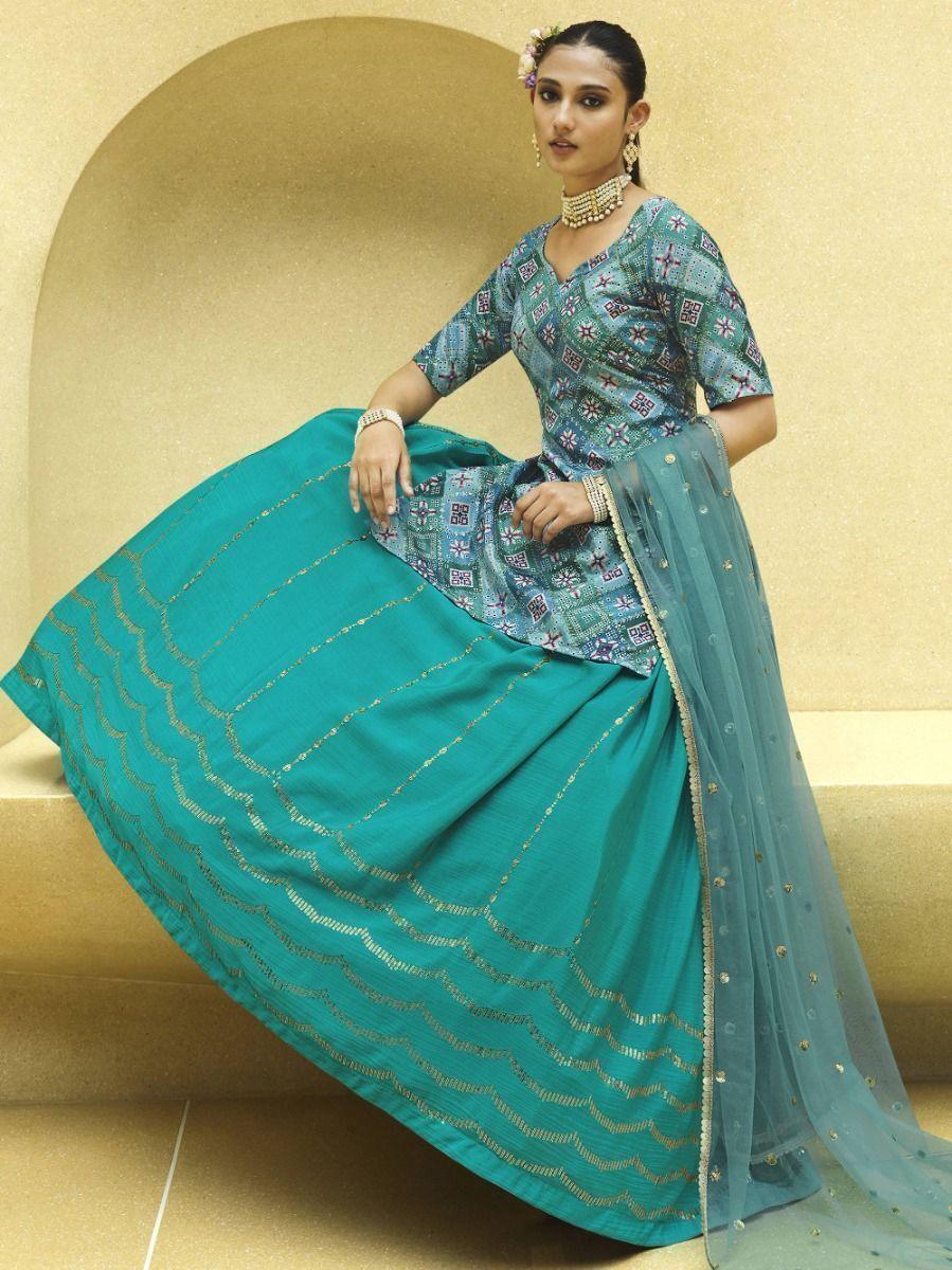 Modern Turquoise Lehenga | Chinon Silk with Print & Sequins Work