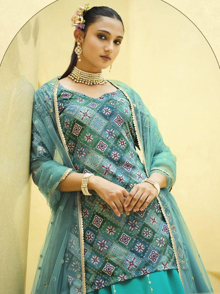 Modern Turquoise Lehenga | Chinon Silk with Print & Sequins Work