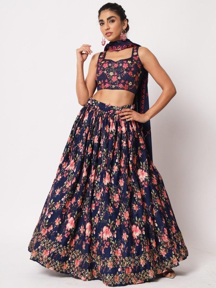 Navy blue art silk lehenga with sequins embroidery and floral print.