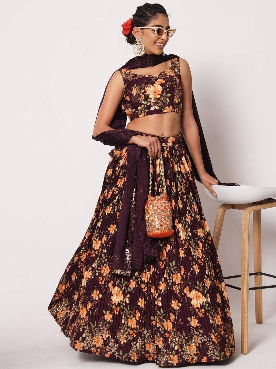 Elegant purple lehenga choli with matching embroidered dupatta.