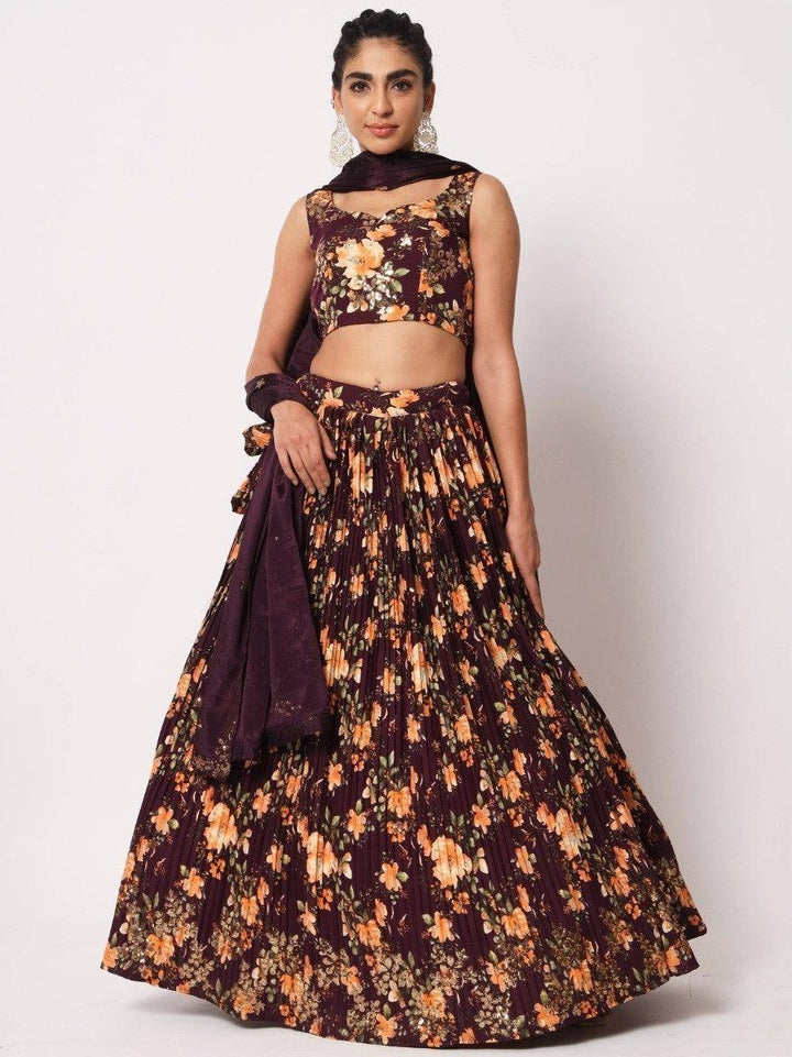 Purple art silk lehenga with sequins embroidery and floral print.