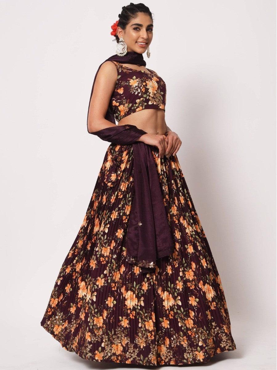 Floral purple lehenga for weddings with art silk material.