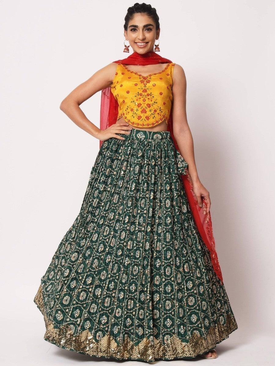 Green art silk lehenga with digital print and sequin embroidery.