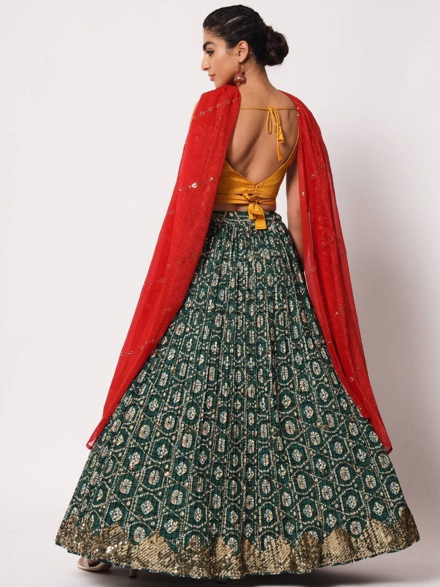 Semi-stitched green lehenga choli for festive occasions.