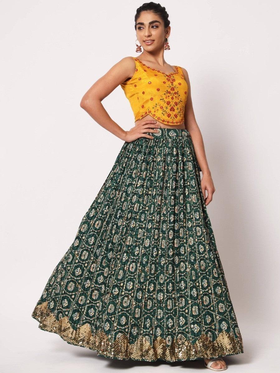 Stylish green lehenga with red dupatta and thread embroidery.