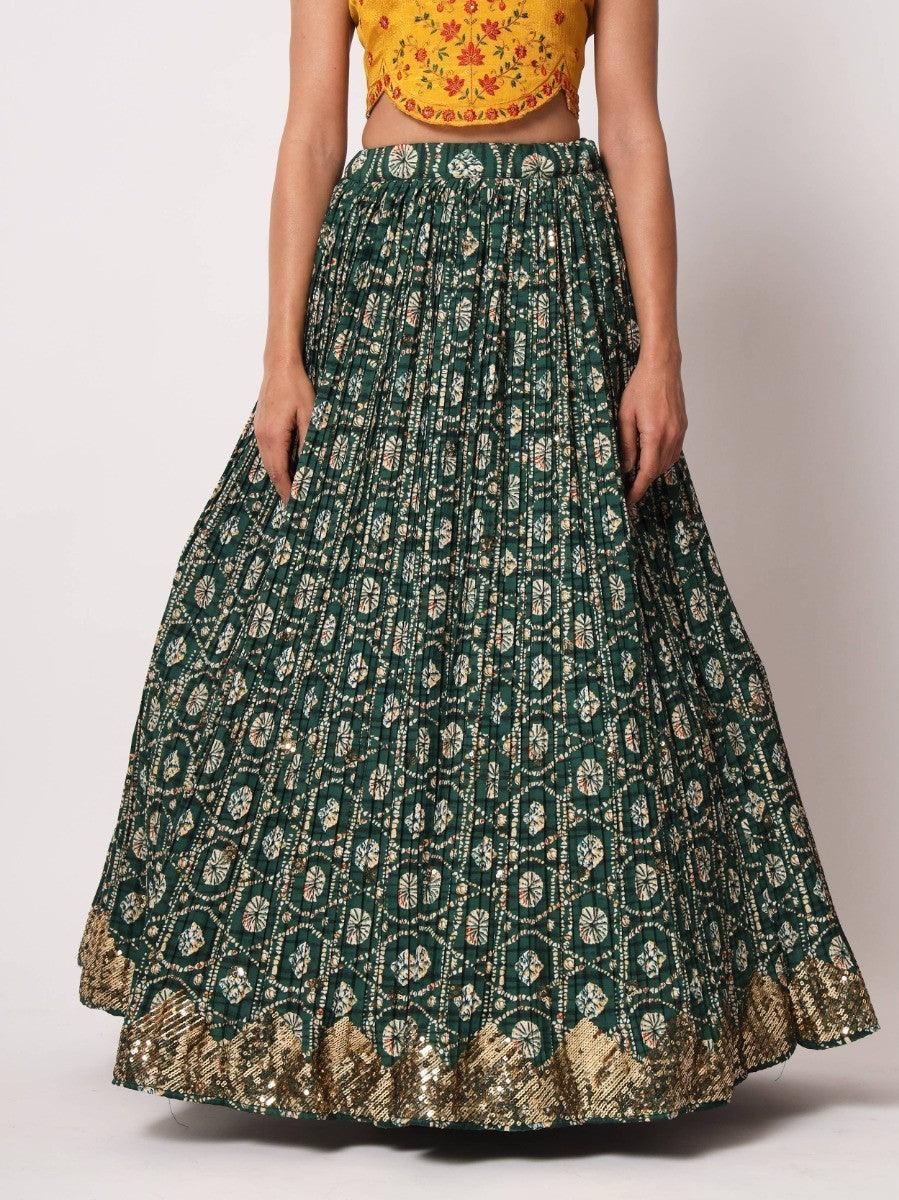 Eye-catching green lehenga with digital print and embroidery.