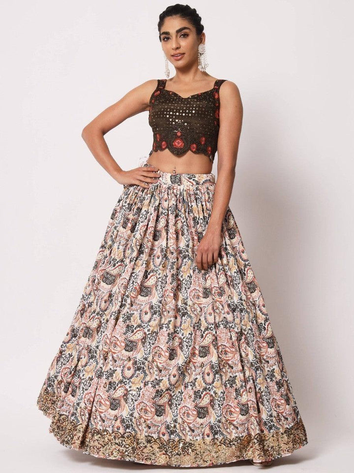 Semi-stitched white lehenga with sequin and digital print details.