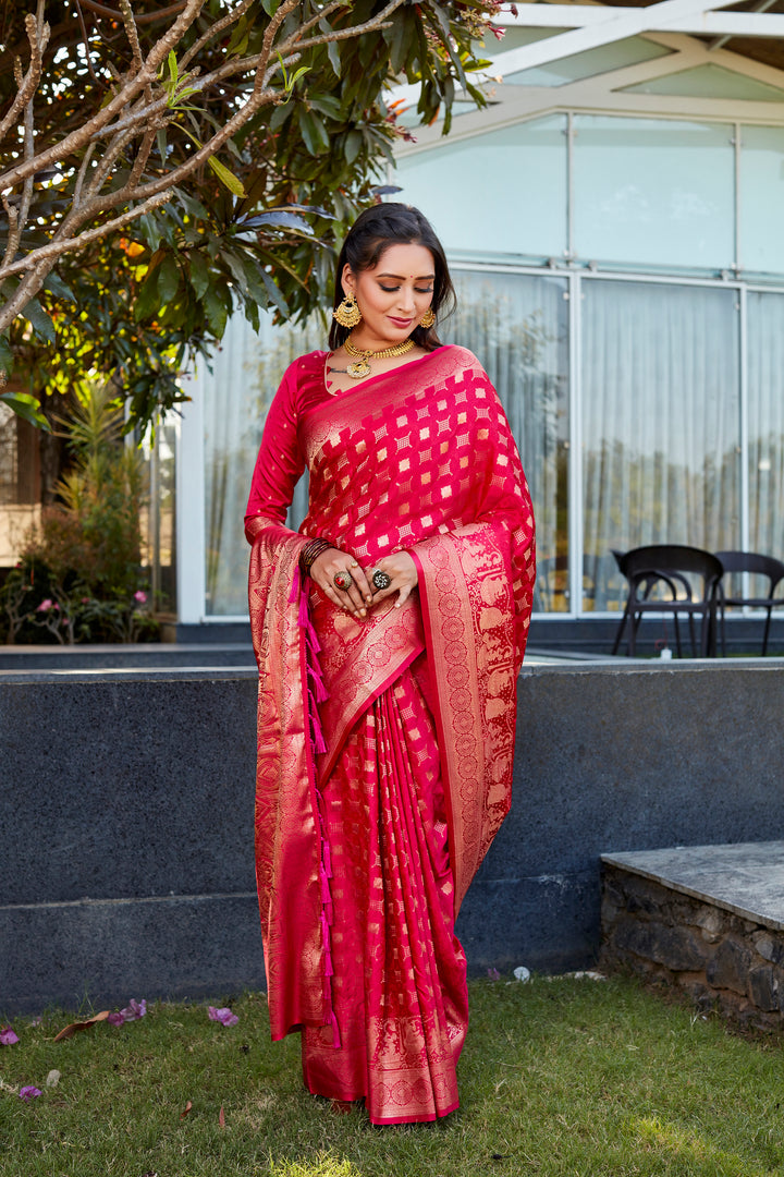 Elegant Pink Satin Silk Wedding Saree featuring dual weave and luxurious pallu for weddings.