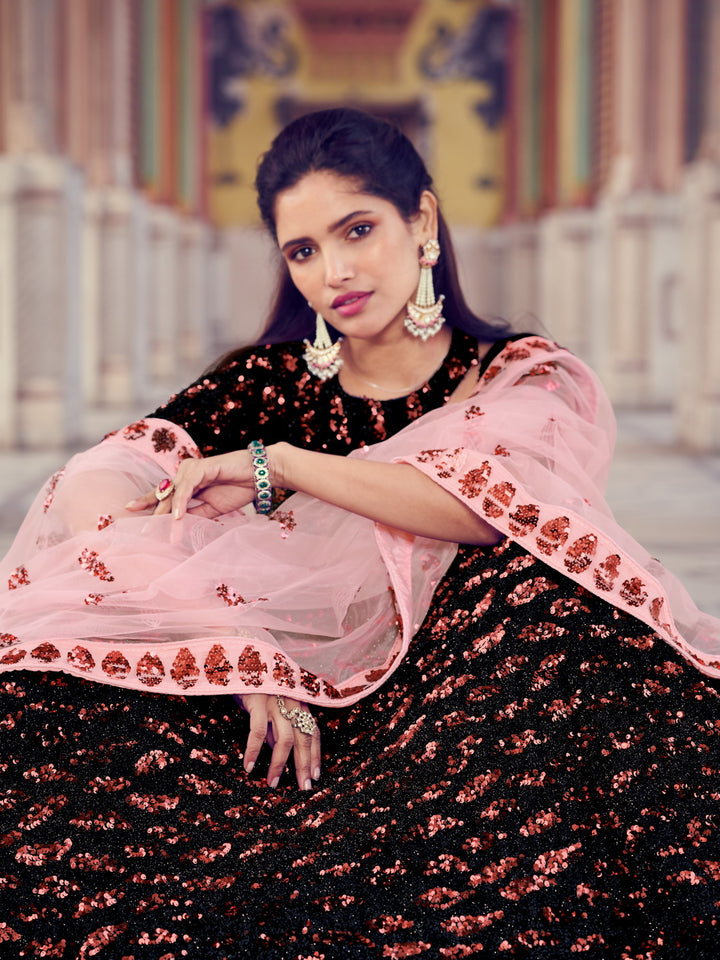 Black and Red Floral Lehenga | Pastel Pink Dupatta Bridal Ensemble