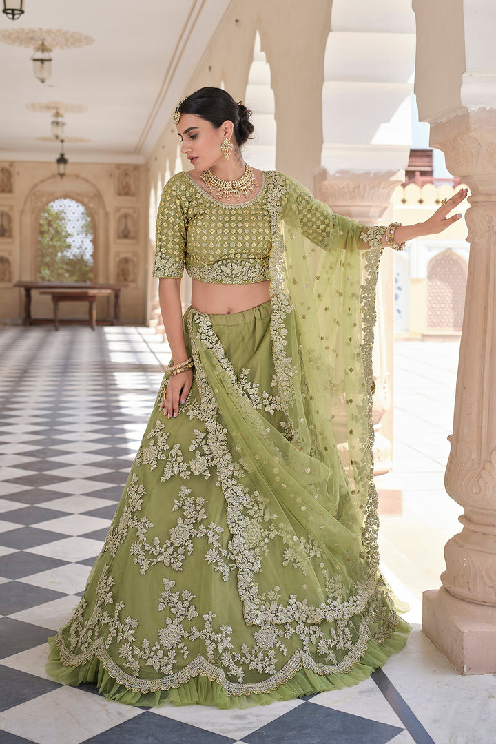 Designer Olive Green Lehenga Choli | Soft Net with Sequins & Dori Work